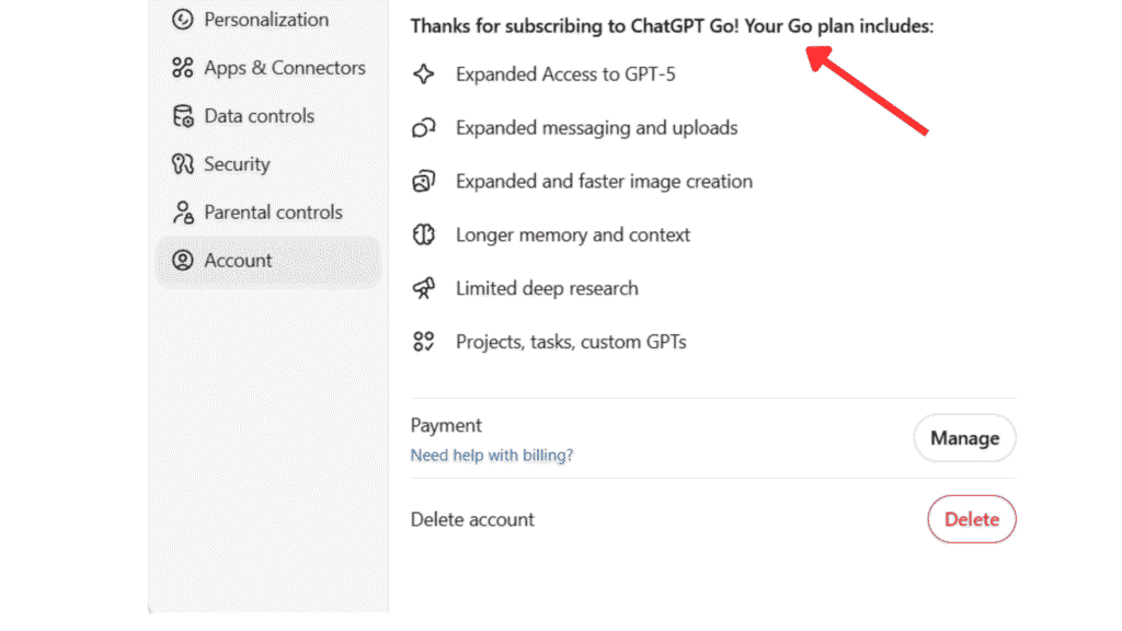 ChatGPT Go subscription