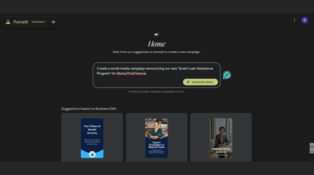 Using Pomelli AI for MoneyTrickFinance campaign example