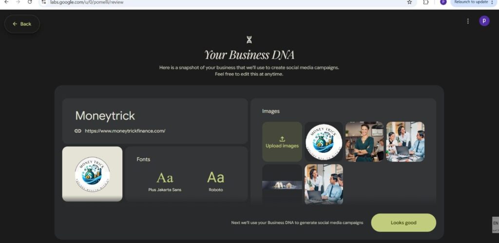 Using Pomelli AI for MoneyTrickFinance campaign example