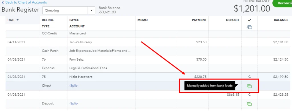 quickbooks record bank statement