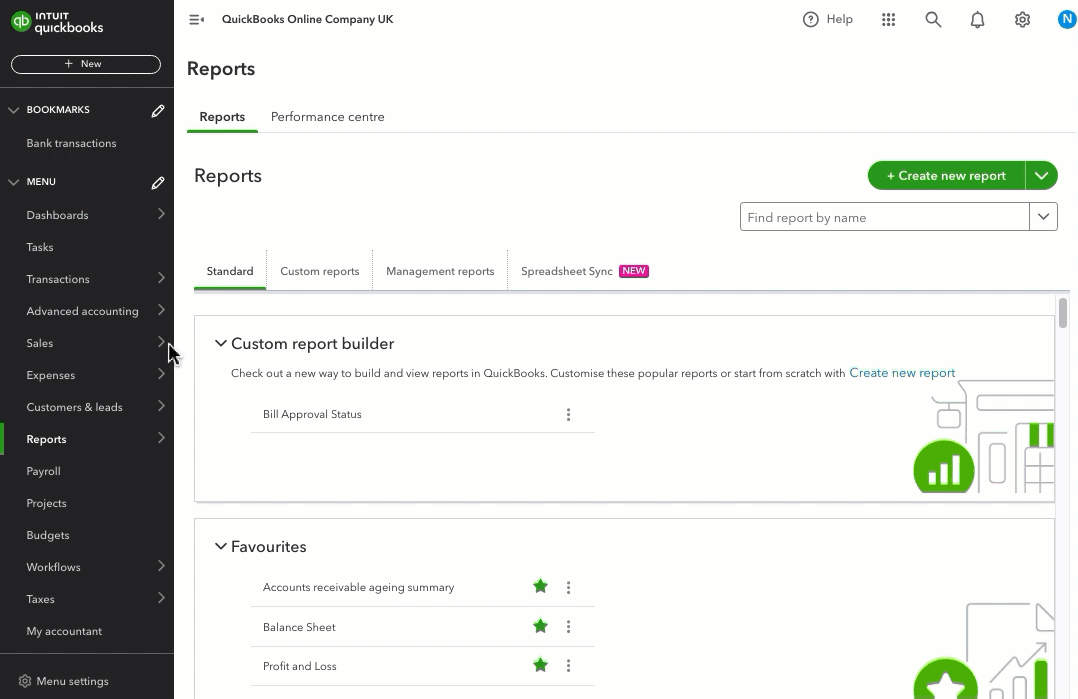QuickBooks Online Reports dashboard screen showing profit and loss and custom report builder