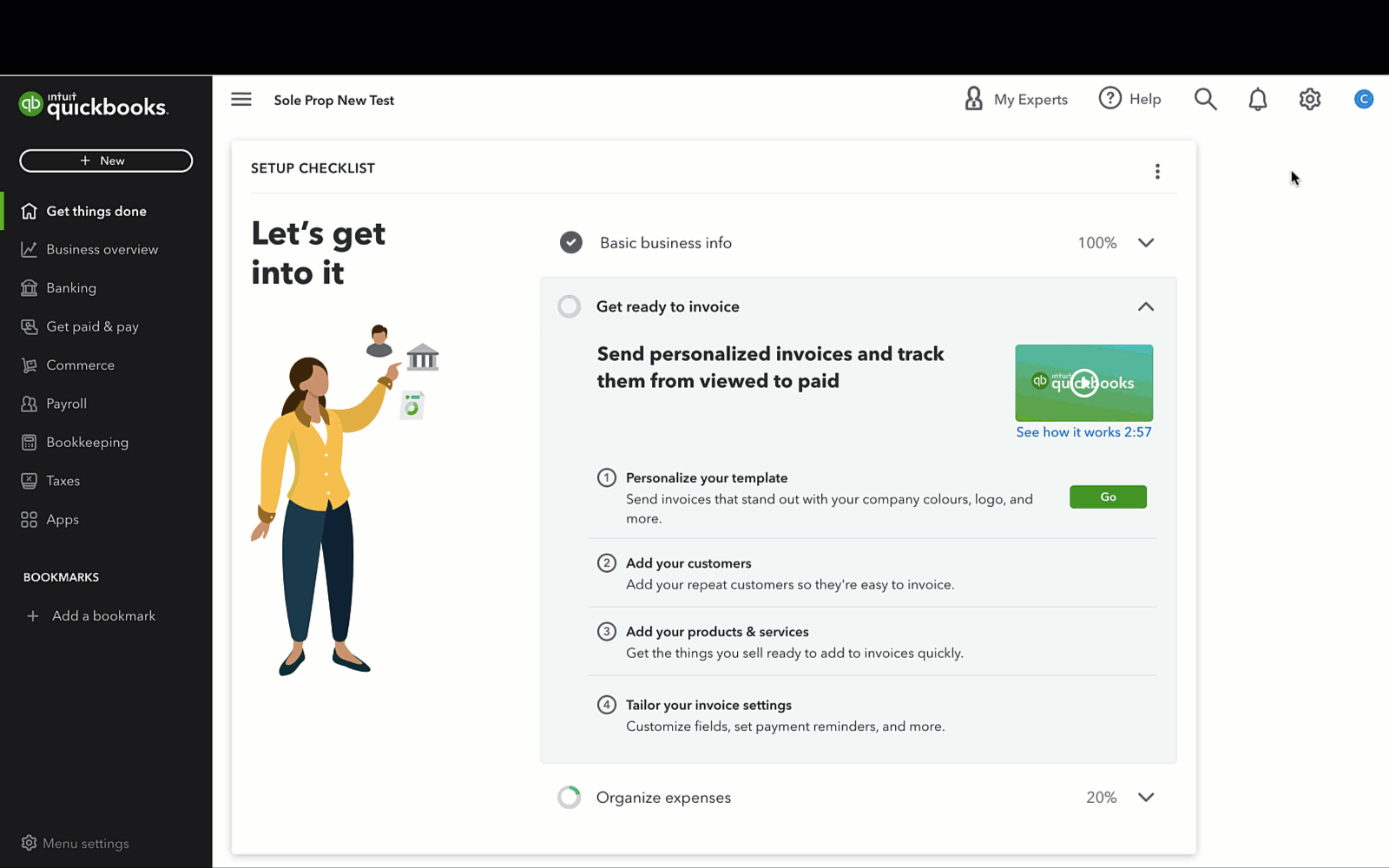 QuickBooks Online 2026 setup checklist dashboard screen