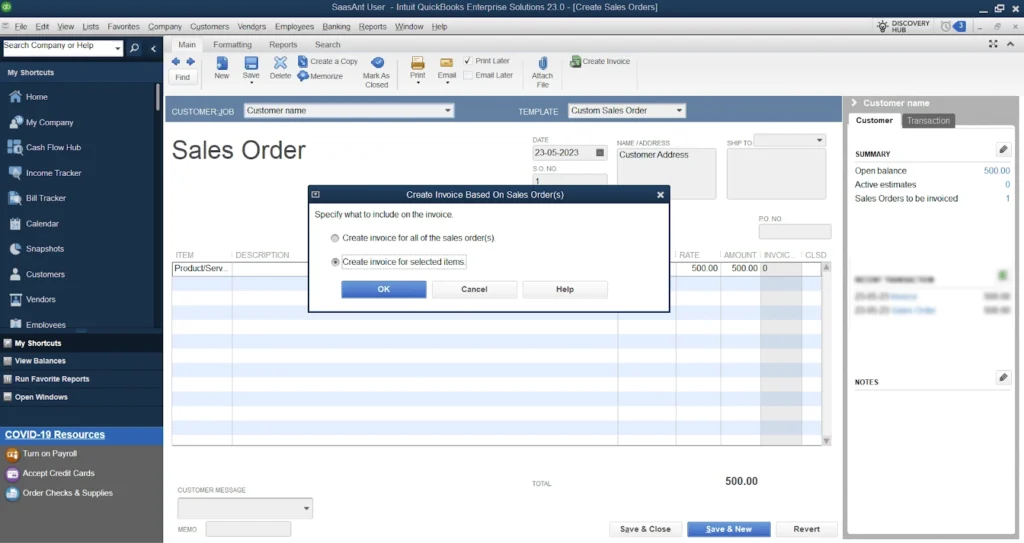 quickbooks invoice creation